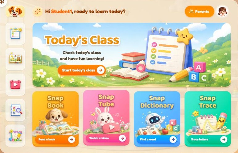 SnapClass 학생 홈 — Today's Class, SnapBook, SnapTube, SnapDictionary, SnapTrace